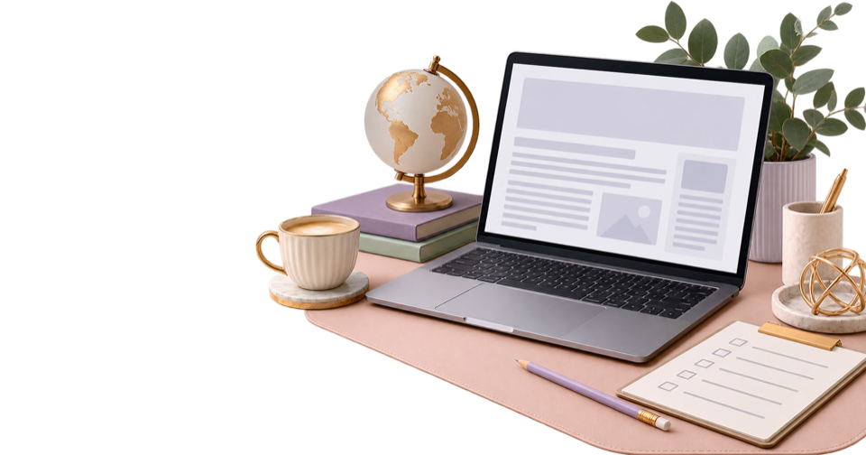 A laptop showing an article layout beside a globe and editorial checklist